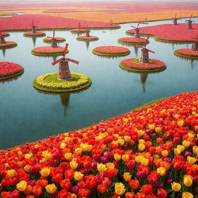 The primary subject of the image is a field of flowers, predominantly red tulips, with a few yellow ones. The setting is a beautiful garden with a pond, and the visual style is a combination of photo and digital art. The colors and mood of the image are vibrant and lively, with the red and yellow flowers creating a striking contrast against the green grass and the blue water.
